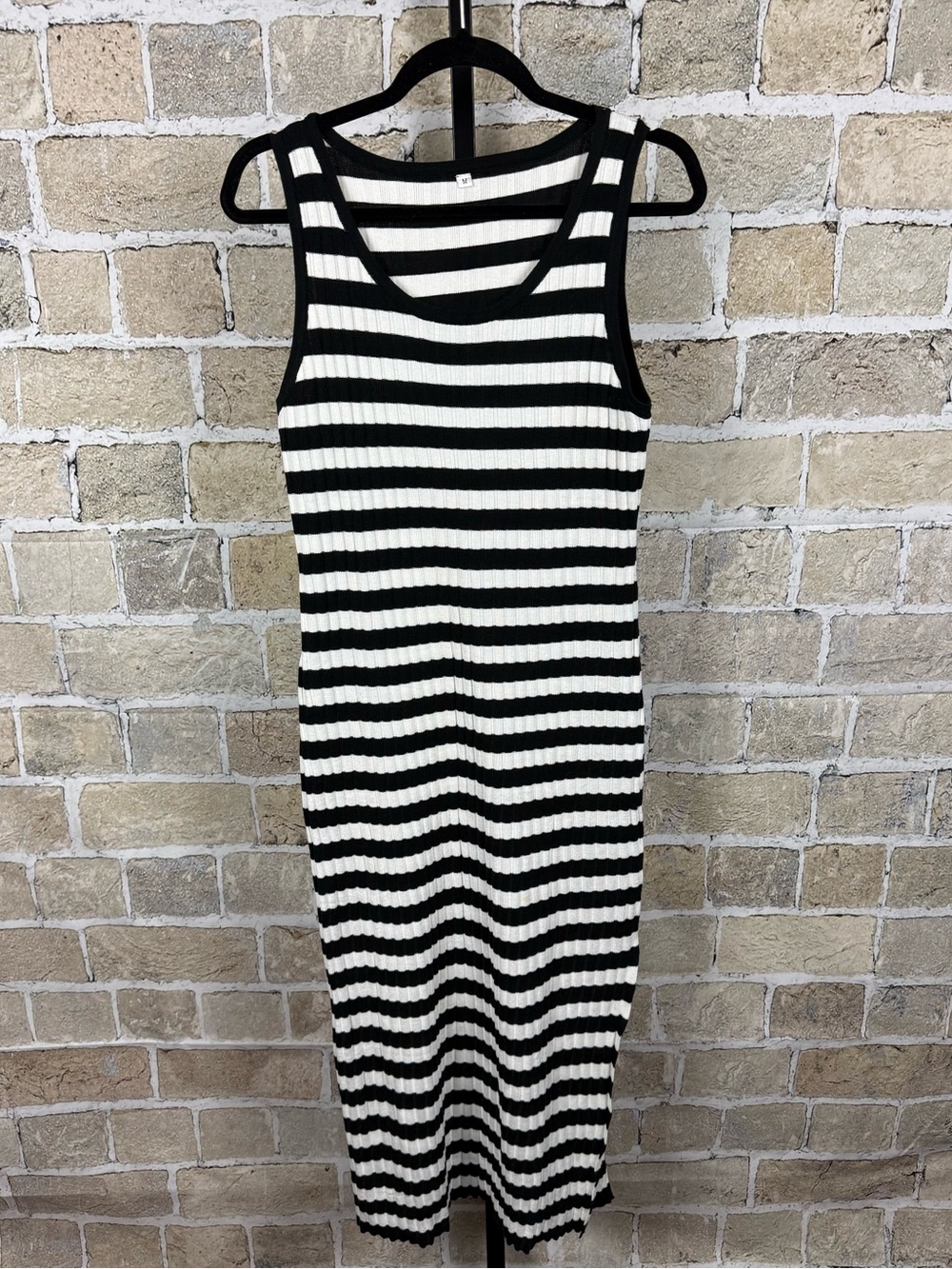 Black White Striped Ribbed Knit Midi Maxi Tank Dress Medium
